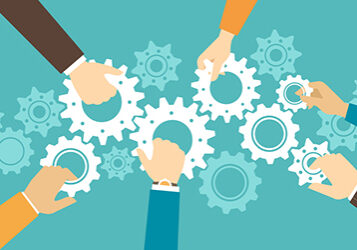 Business team and teamwork concept, business people joining gears together and composing a machine