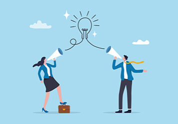 Communication message, announcement or conversation to communicate idea, information or discussion speech, advertising strategy, speaking or talk concept, business people talk on megaphone with idea.